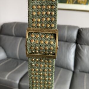 Vintage Boho Army Green Canvas Belt Brass Rivet Detail/Buckle Auto-Lock L/XL